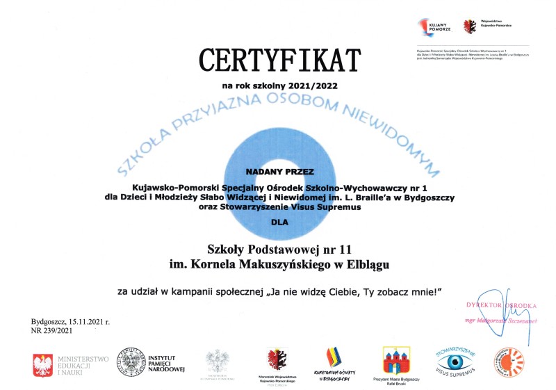 Certyfikat  Szkoły  Przyjaznej  Osobom  Niewidomym   dla Szkoły Podstawowej 11 w Elblągu