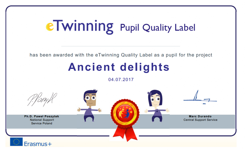 Otrzymaliśmy  odznakę jakości za nasz europejski projekt Ancient Delights