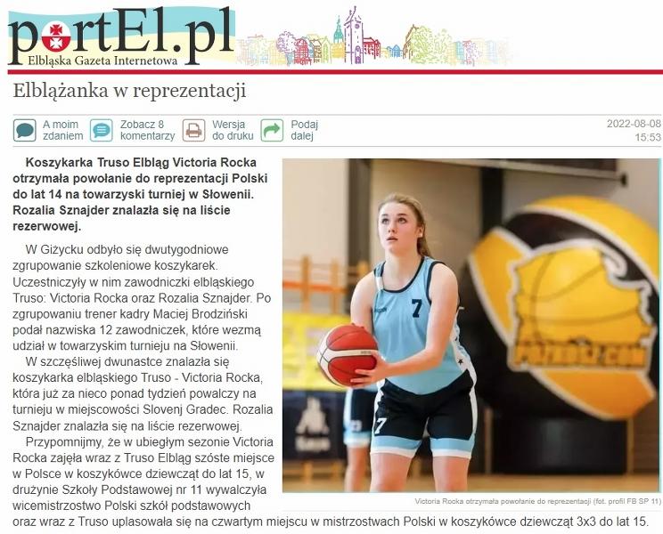 Koszykarka Truso Elbląg Victoria Rocka otrzymała powołanie do reprezentacji Polski do lat 14 na towarzyski turniej w Słowenii.