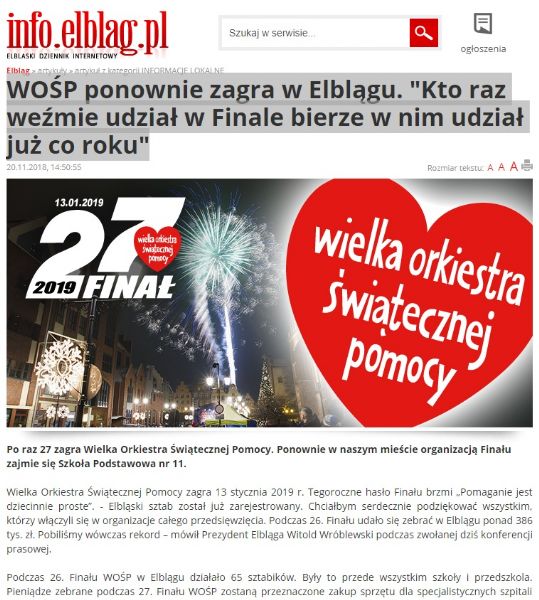 WOŚP ponownie zagra w Elblągu. "Kto raz weźmie udział w Finale bierze w nim udział już co roku"
